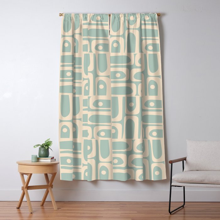 Mid Century Modern Piquet Multi Geometric Pattern in Light Celadon Teal Window Curtain Gallery Image 5