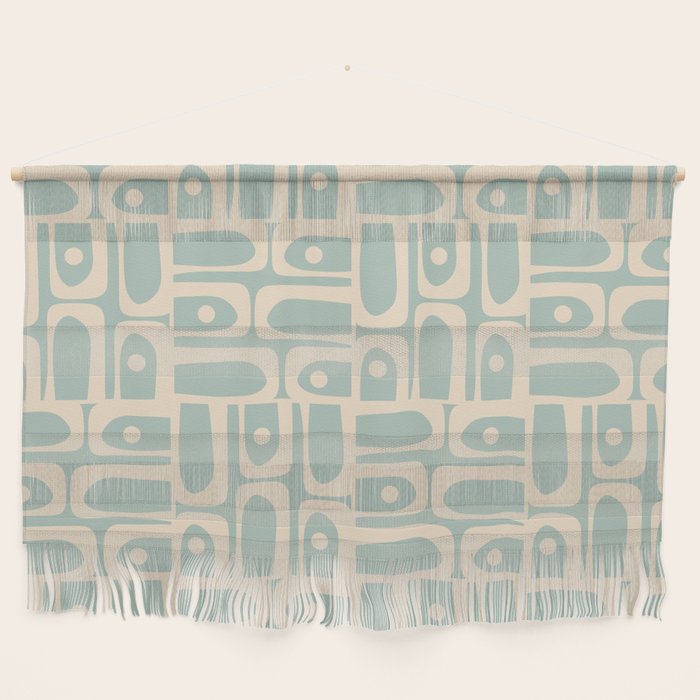 Mid Century Modern Piquet Multi Geometric Pattern in Light Celadon Teal Wall Hanging Gallery Image 1