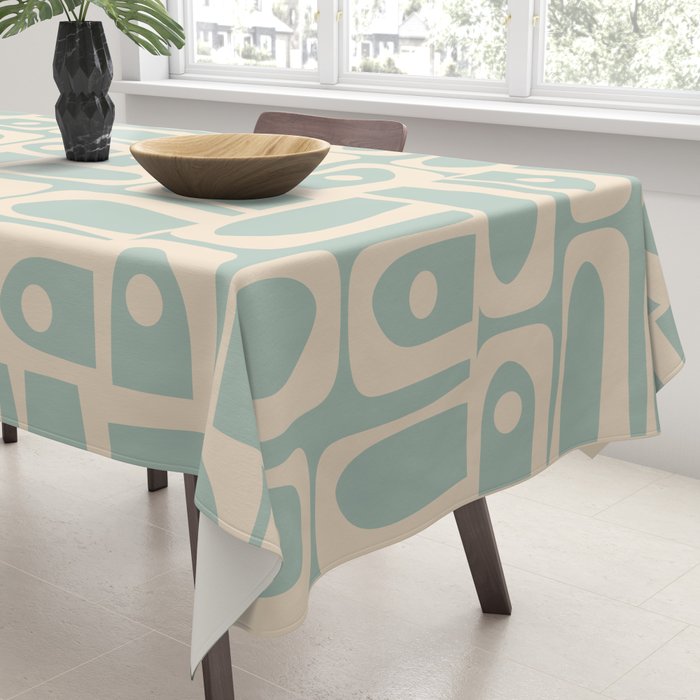 Mid Century Modern Piquet Multi Geometric Pattern in Light Celadon Teal Tablecloth Gallery Image 3