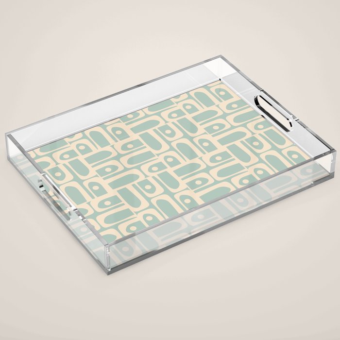 Mid Century Modern Piquet Multi Geometric Pattern in Light Celadon Teal Acrylic Tray Gallery Image 1