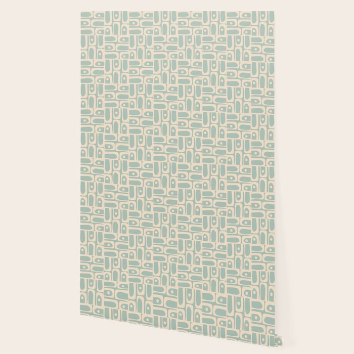 Mid Century Modern Piquet Multi Geometric Pattern in Light Celadon Teal Wallpaper Gallery Image 2