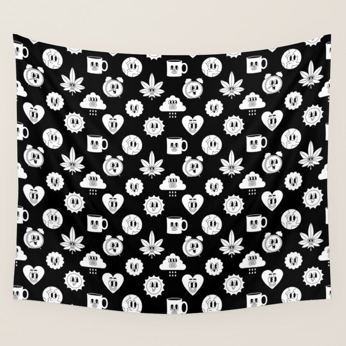 Retro cartoon character sticker pattern Wall Tapestry Gallery Image 4