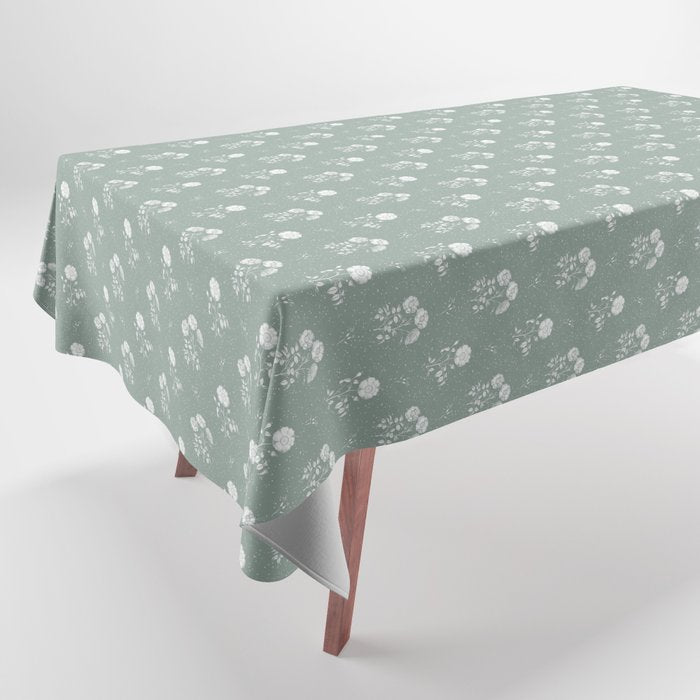 Green and White Vintage Block Print Floral Tablecloth Gallery Image 1