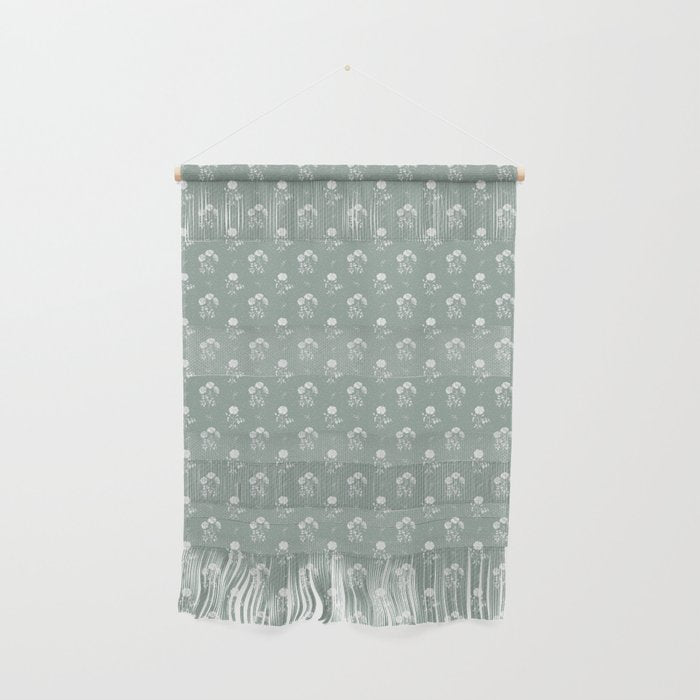 Green and White Vintage Block Print Floral Wall Hanging Gallery Image 1