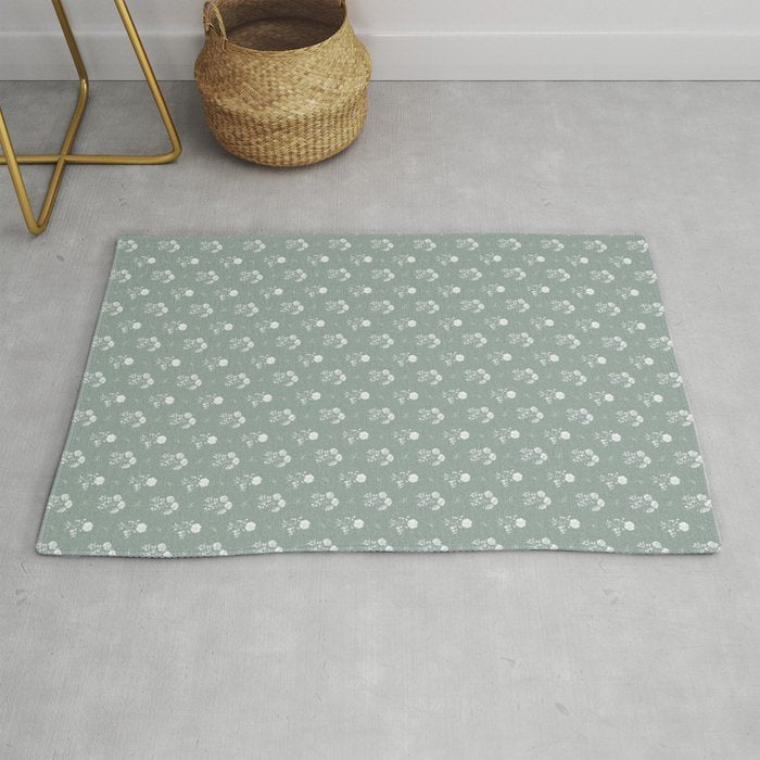 Green and White Vintage Block Print Floral Rug Gallery Image 1