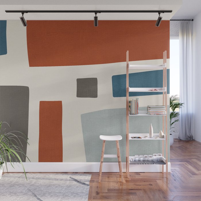 Abstract Shapes Burnt Orange Gray Blue Wall Mural Gallery Image 1