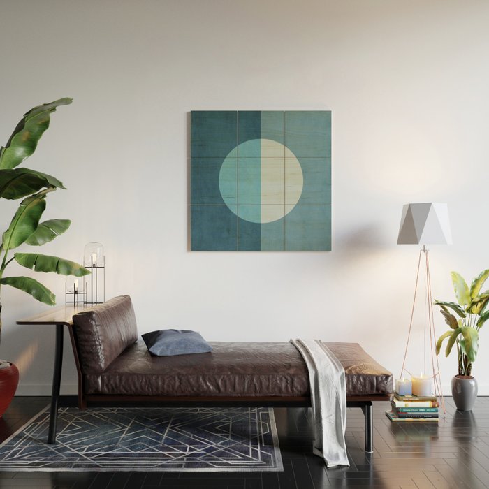 Deep Blue Geometric Moon Artwork Wood Wall Art Gallery Image 2