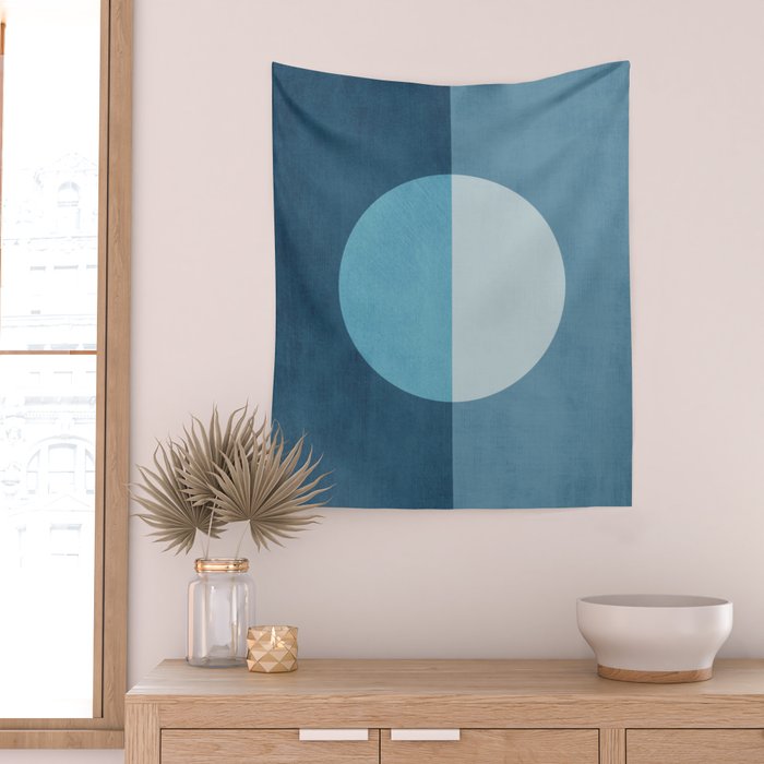 Deep Blue Geometric Moon Artwork Wall Tapestry Gallery Image 2