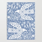 Doves and Flowers Bird Art White on Blue Poster Gallery Image 4