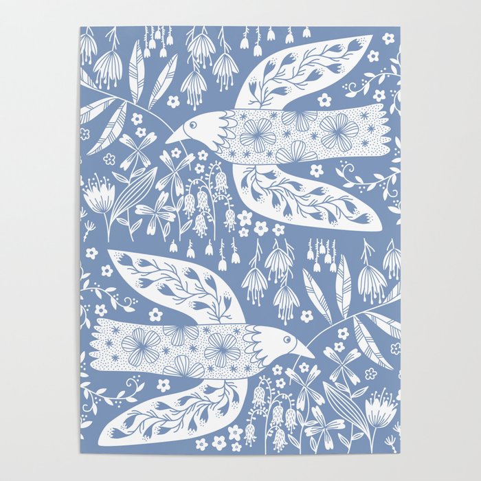 Doves and Flowers Bird Art White on Blue Poster Gallery Image 4