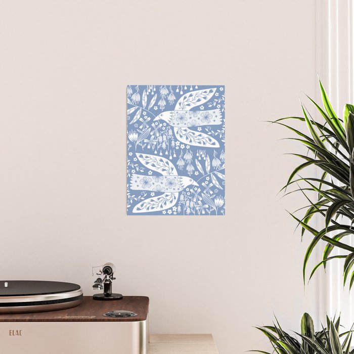 Doves and Flowers Bird Art White on Blue Poster Gallery Image 2