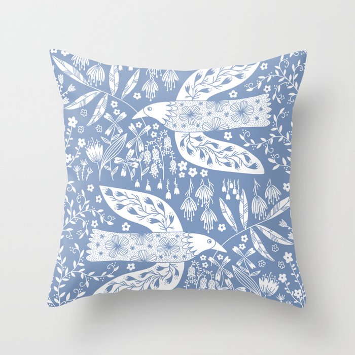 Doves and Flowers Bird Art White on Blue Throw Pillow Gallery Image 1
