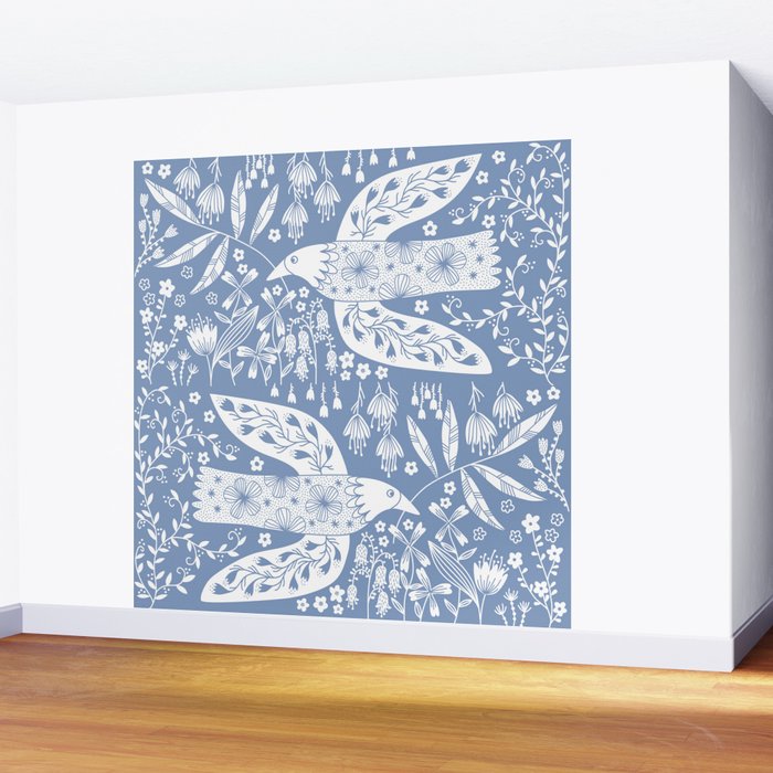 Doves and Flowers Bird Art White on Blue Wall Mural Gallery Image 2