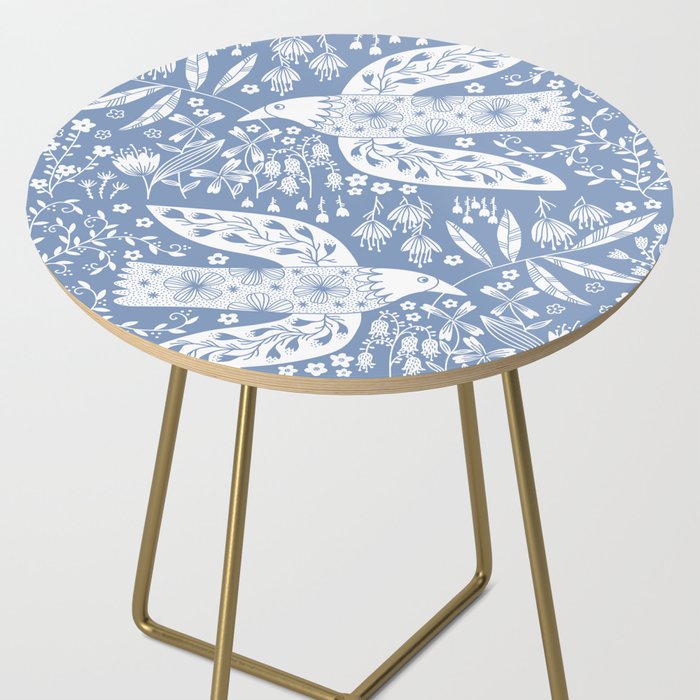Doves and Flowers Bird Art White on Blue Side Table Gallery Image 2