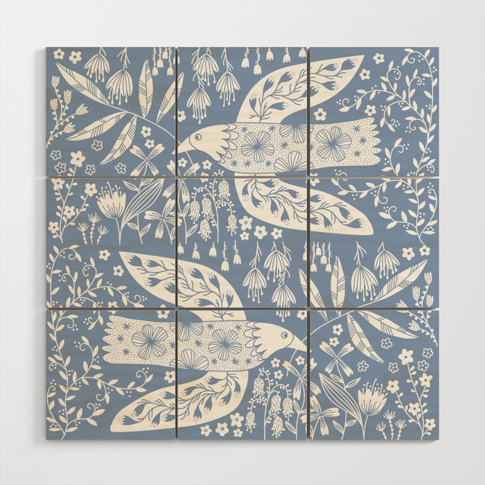 Doves and Flowers Bird Art White on Blue Wood Wall Art Gallery Image 1