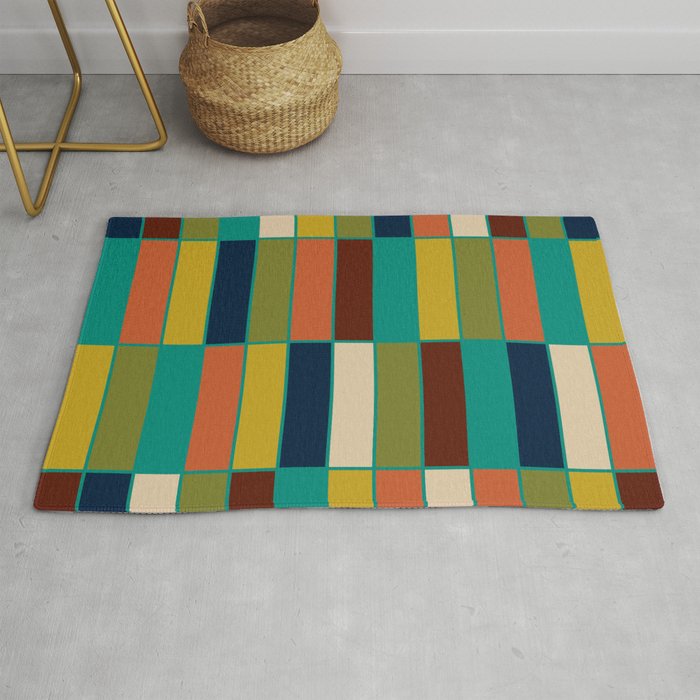 Mid Mod Blocks - Mid-century Modern Geometric Pattern in Mustard, Olive, Teal, and Orange Rug Gallery Image 1