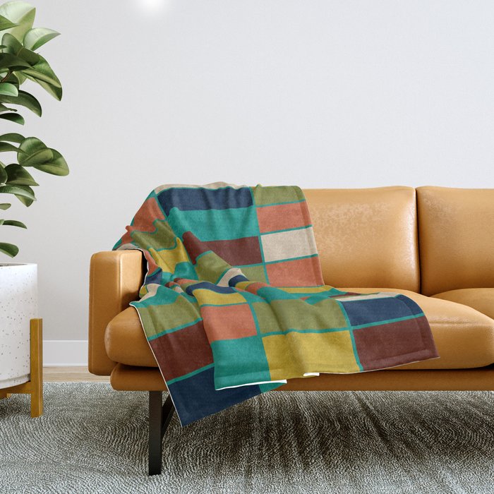 Mid Mod Blocks - Mid-century Modern Geometric Pattern in Mustard, Olive, Teal, and Orange Throw Blanket Gallery Image 1