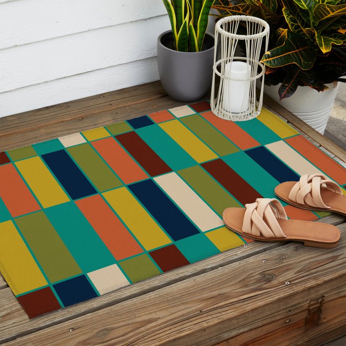 Mid Mod Blocks - Mid-century Modern Geometric Pattern in Mustard, Olive, Teal, and Orange Outdoor Rug Gallery Image 2