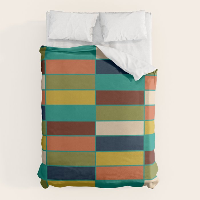 Mid Mod Blocks - Mid-century Modern Geometric Pattern in Mustard, Olive, Teal, and Orange Duvet Cover Gallery Image 1