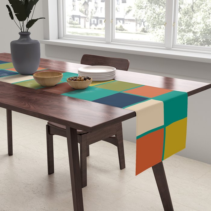 Mid Mod Blocks - Mid-century Modern Geometric Pattern in Mustard, Olive, Teal, and Orange Table Runner Gallery Image 2