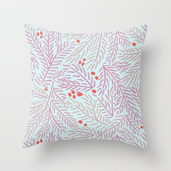 Winter Berries & Pine Branches in Teal & Pink Throw Pillow Gallery Image 6