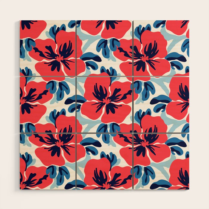 Tropical hibiscus summer flower art pattern Wood Wall Art Gallery Image 1