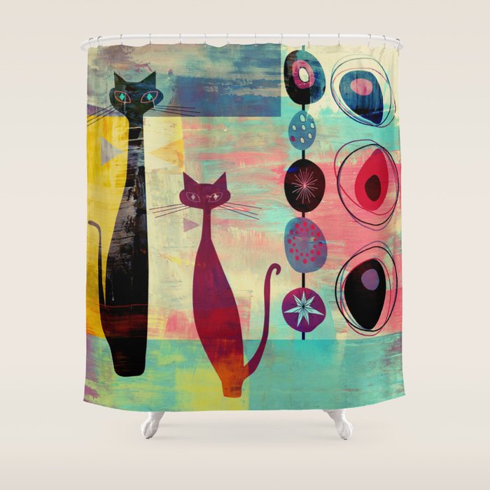 Mid-Century Modern 2 Cats - Graffiti Style Shower Curtain Gallery Image 1