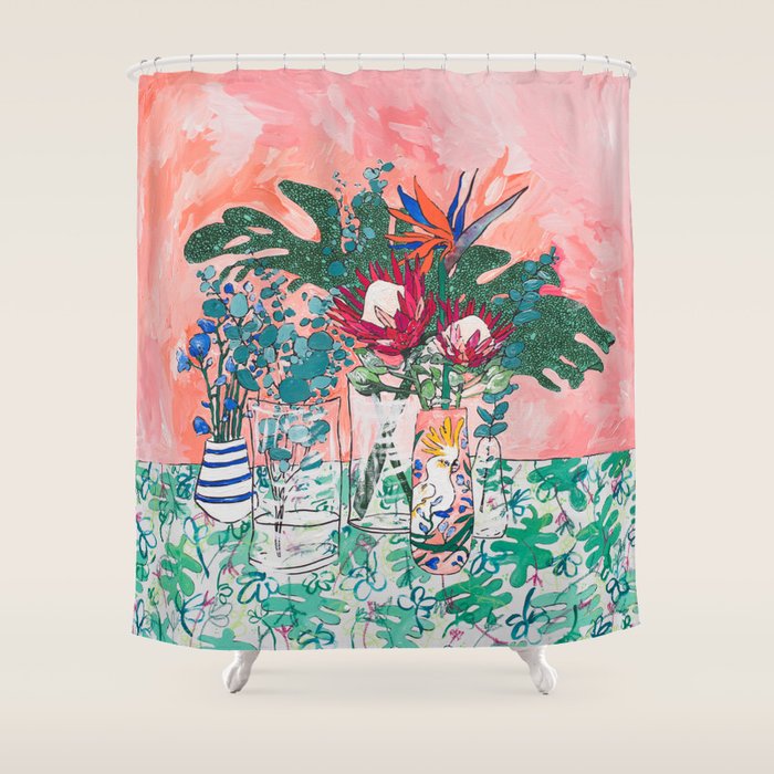 Cockatoo Vase - Bouquet of Flowers on Coral and Jungle Shower Curtain Gallery Image 1