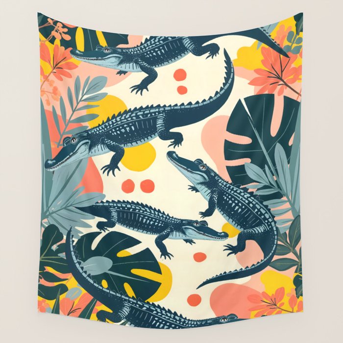 Crocs_Crocodiles Wildlife Animals_Whimsical Quirky Illustration_Bohemian Tropical Pastel Painting Wall Tapestry Gallery Image 1