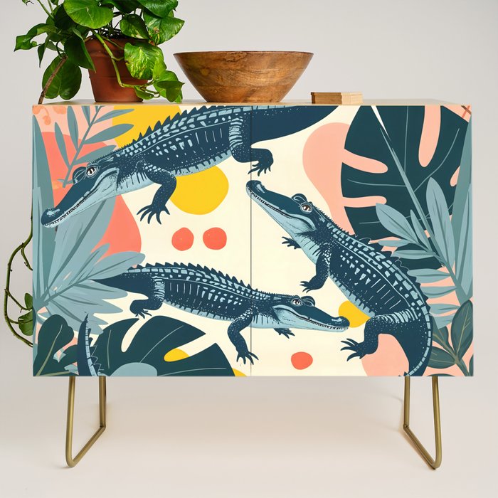 Crocs_Crocodiles Wildlife Animals_Whimsical Quirky Illustration_Bohemian Tropical Pastel Painting Credenza Gallery Image 1