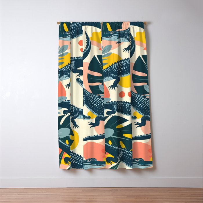 Crocs_Crocodiles Wildlife Animals_Whimsical Quirky Illustration_Bohemian Tropical Pastel Painting Window Curtain Gallery Image 3