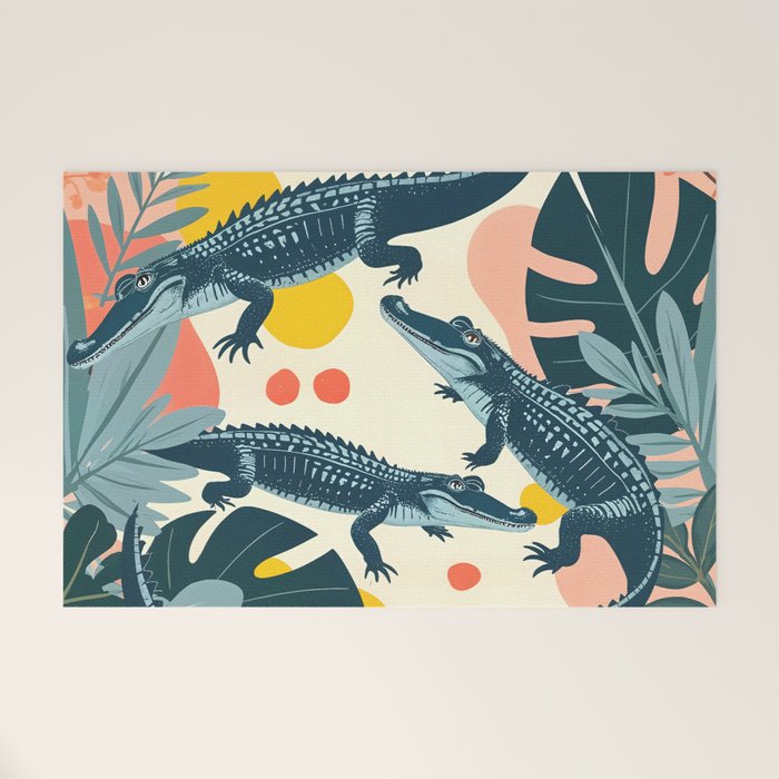 Crocs_Crocodiles Wildlife Animals_Whimsical Quirky Illustration_Bohemian Tropical Pastel Painting Welcome Mat Gallery Image 1