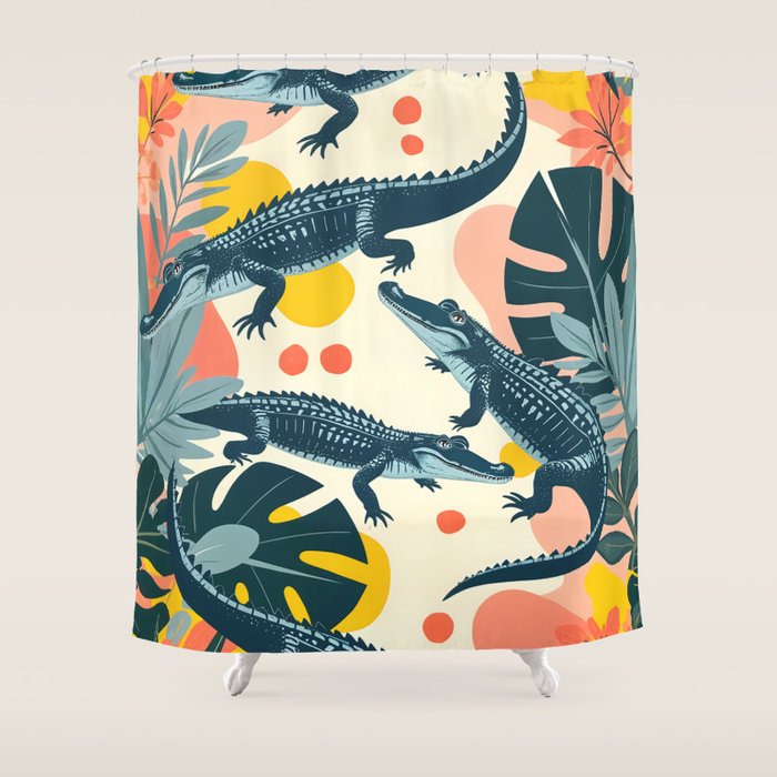 Crocs_Crocodiles Wildlife Animals_Whimsical Quirky Illustration_Bohemian Tropical Pastel Painting Shower Curtain Gallery Image 1
