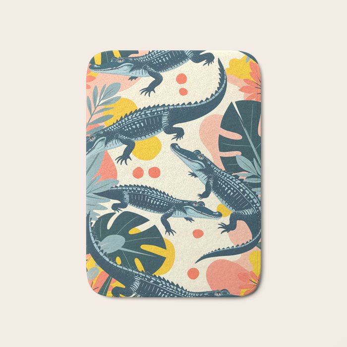 Crocs_Crocodiles Wildlife Animals_Whimsical Quirky Illustration_Bohemian Tropical Pastel Painting Bath Mat Gallery Image 1