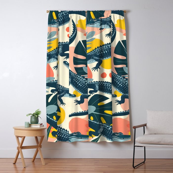 Crocs_Crocodiles Wildlife Animals_Whimsical Quirky Illustration_Bohemian Tropical Pastel Painting Window Curtain Gallery Image 1
