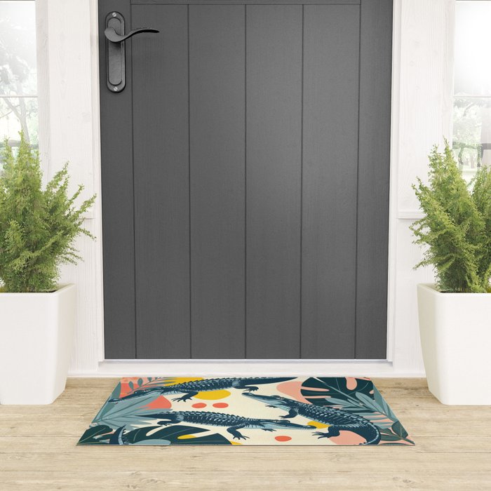 Crocs_Crocodiles Wildlife Animals_Whimsical Quirky Illustration_Bohemian Tropical Pastel Painting Welcome Mat Gallery Image 3