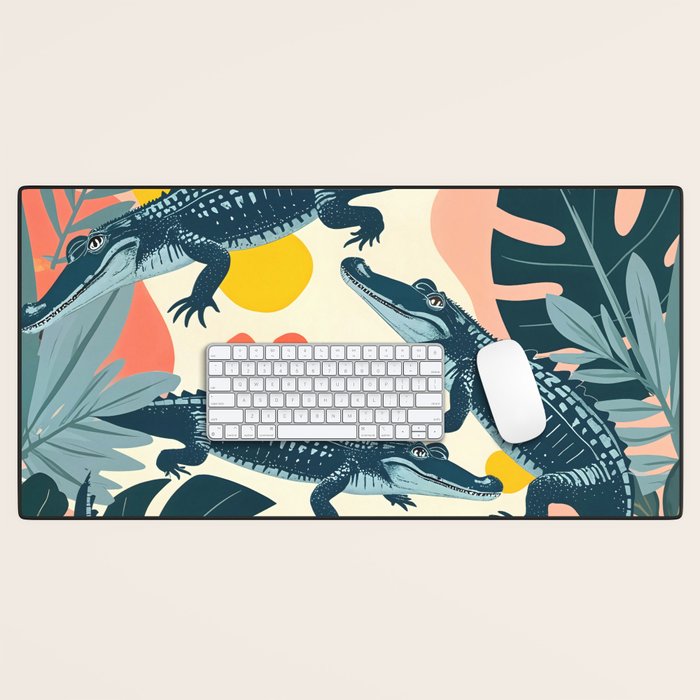 Crocs_Crocodiles Wildlife Animals_Whimsical Quirky Illustration_Bohemian Tropical Pastel Painting Desk Mat Gallery Image 1