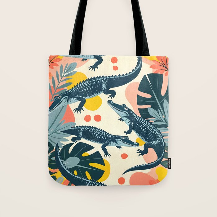 Crocs_Crocodiles Wildlife Animals_Whimsical Quirky Illustration_Bohemian Tropical Pastel Painting Tote Bag Gallery Image 1