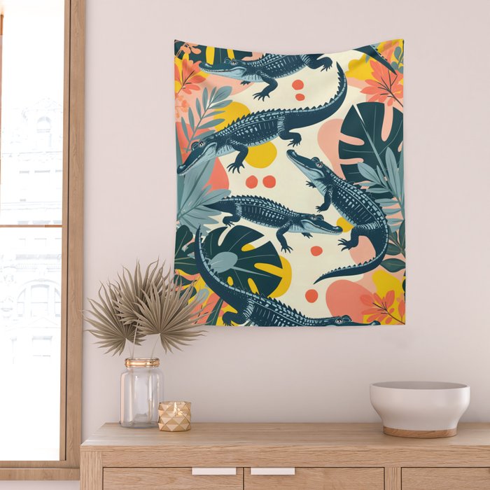 Crocs_Crocodiles Wildlife Animals_Whimsical Quirky Illustration_Bohemian Tropical Pastel Painting Wall Tapestry Gallery Image 2