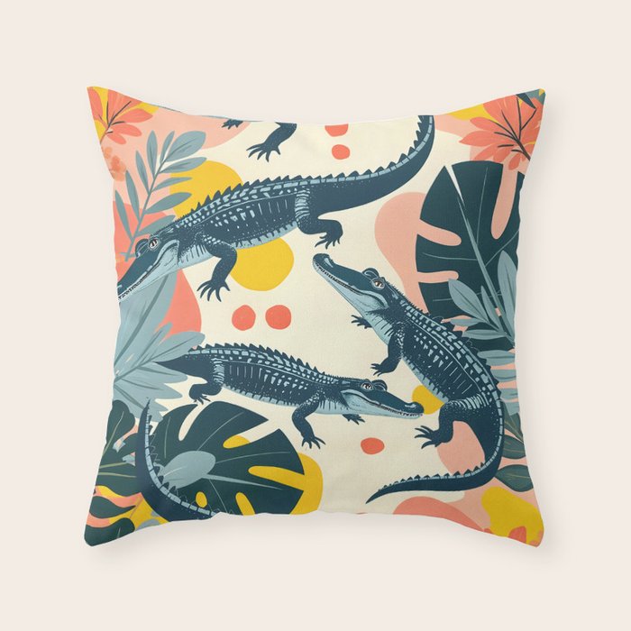 Crocs_Crocodiles Wildlife Animals_Whimsical Quirky Illustration_Bohemian Tropical Pastel Painting Throw Pillow Gallery Image 1