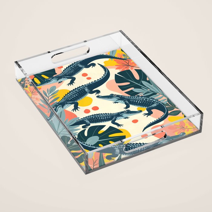 Crocs_Crocodiles Wildlife Animals_Whimsical Quirky Illustration_Bohemian Tropical Pastel Painting Acrylic Tray Gallery Image 1