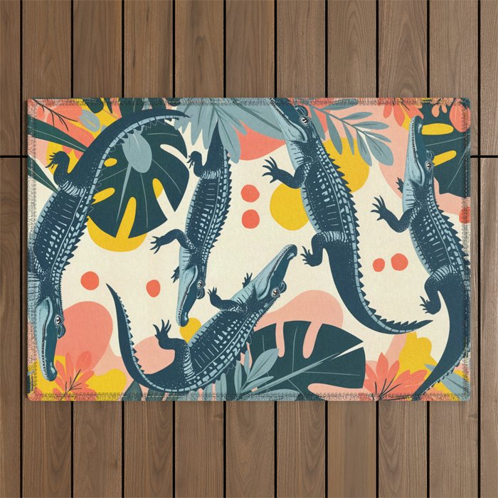 Crocs_Crocodiles Wildlife Animals_Whimsical Quirky Illustration_Bohemian Tropical Pastel Painting Outdoor Rug Gallery Image 1