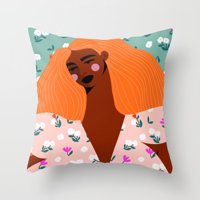Dainty Floral Beauty - Orange Hair Throw Pillow Gallery Image 6