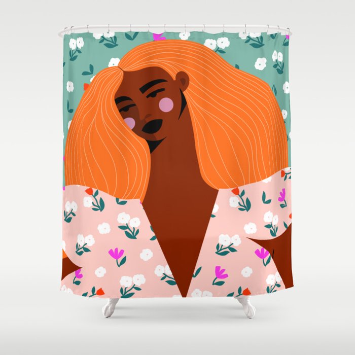 Dainty Floral Beauty - Orange Hair Shower Curtain Gallery Image 1