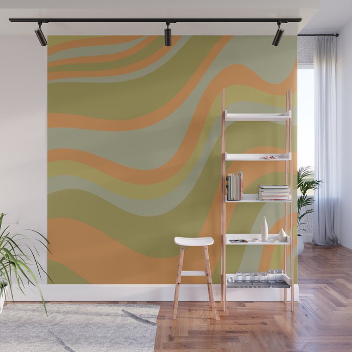 Retro Waves Abstract Pattern Celadon Green Orange Wall Mural Gallery Image 1