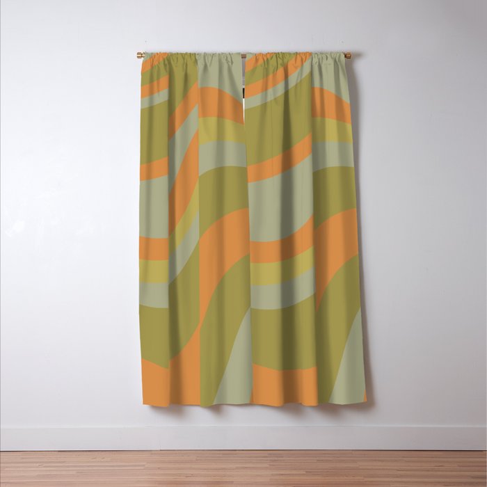 Retro Waves Abstract Pattern Celadon Green Orange Window Curtain Gallery Image 3