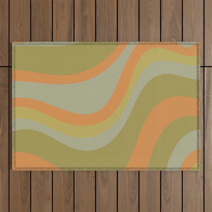 Retro Waves Abstract Pattern Celadon Green Orange Outdoor Rug Gallery Image 1