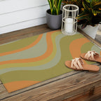 Retro Waves Abstract Pattern Celadon Green Orange Outdoor Rug Gallery Image 2