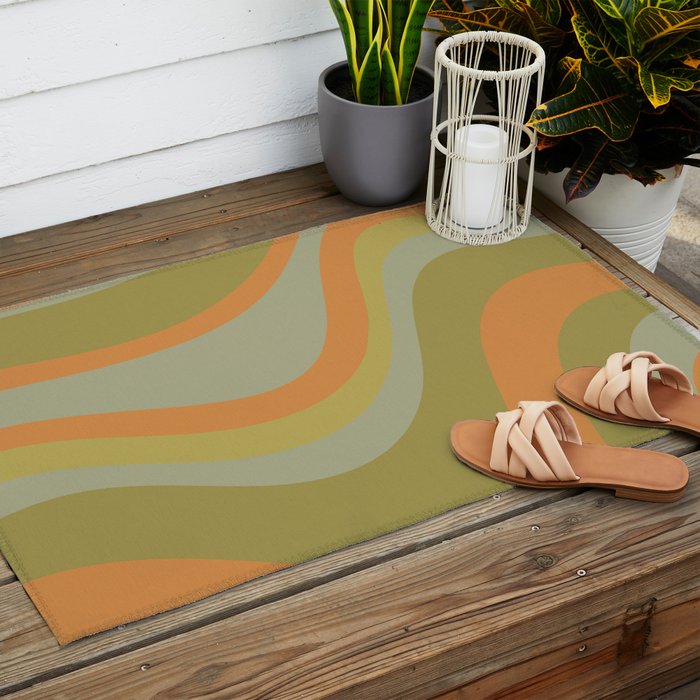 Retro Waves Abstract Pattern Celadon Green Orange Outdoor Rug Gallery Image 2