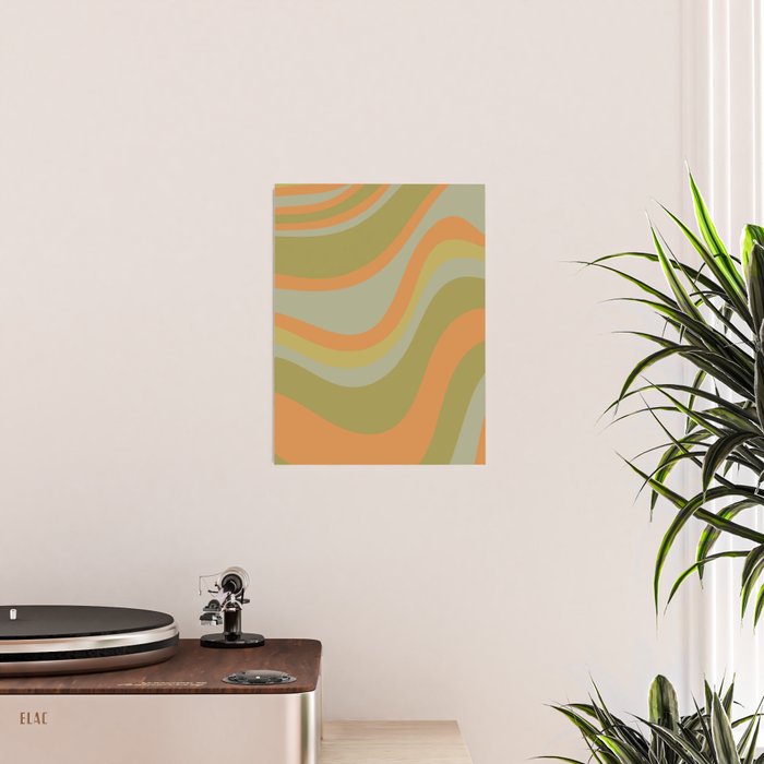 Retro Waves Abstract Pattern Celadon Green Orange Poster Gallery Image 2